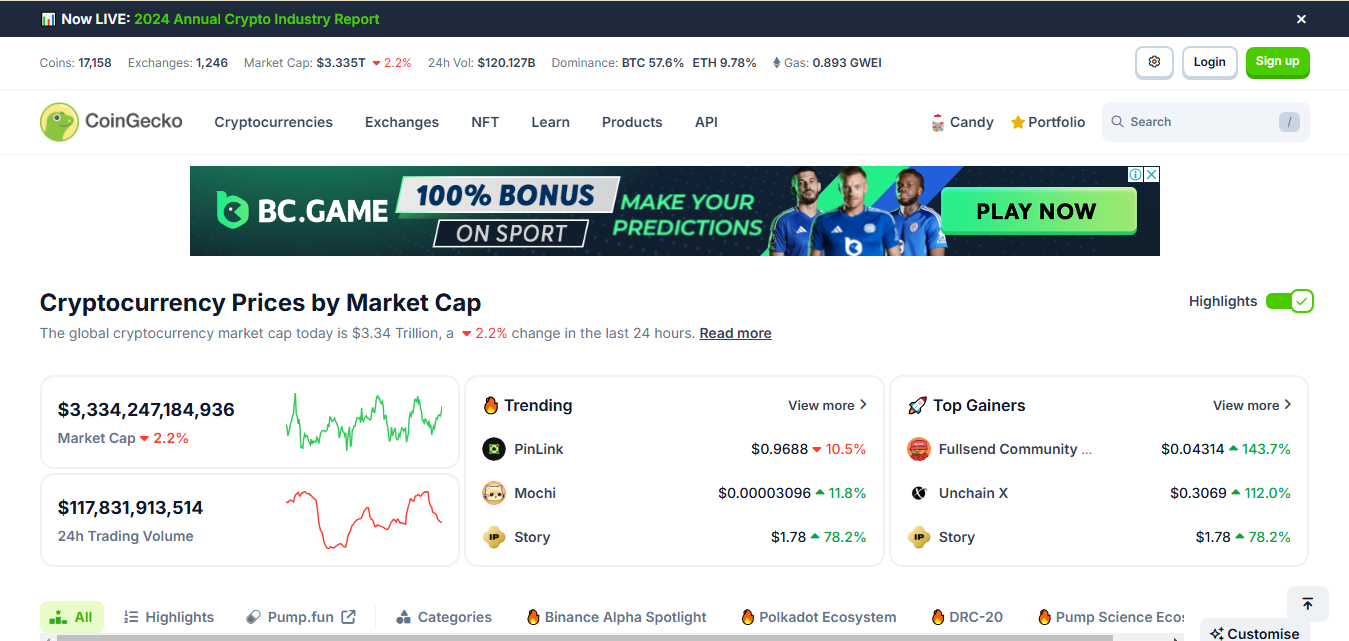 CoinGecko homepage. Source: coingecko.com 