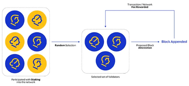 Visual representation of Proof of Stake consensus with nodes locking up tokens to validate transactions.