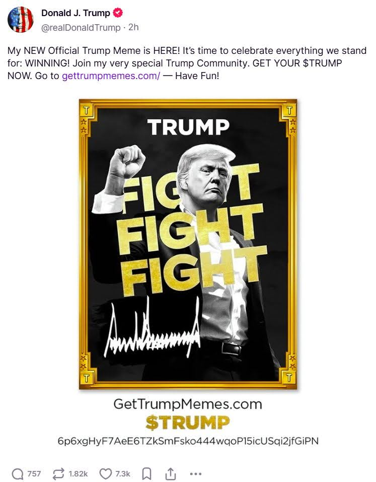 Trump memecoin surges. Source: Donald J. Trump