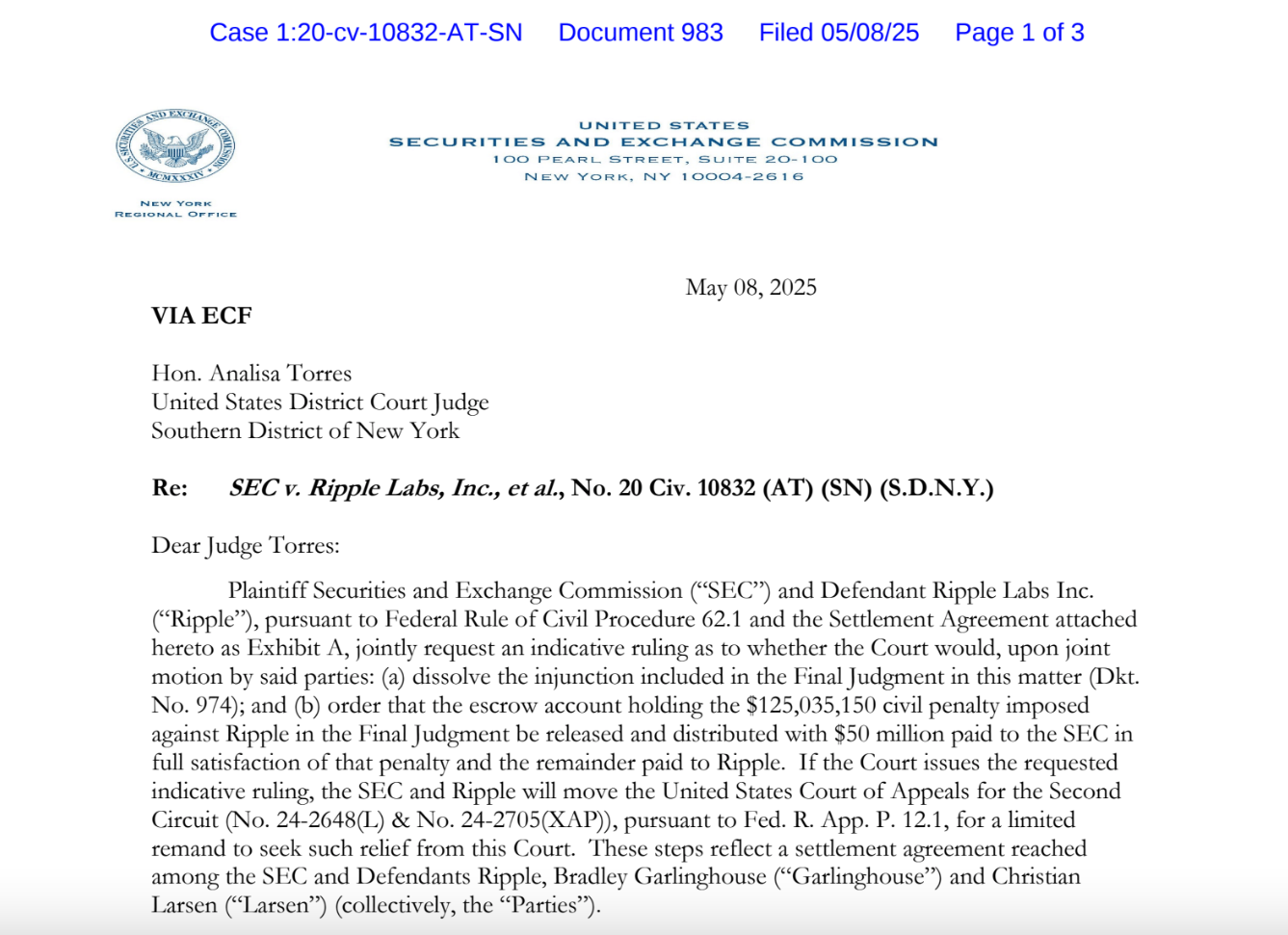 Screenshot of the settlement agreement letter filed by SEC and Ripple [Source: James K. Filan/X]